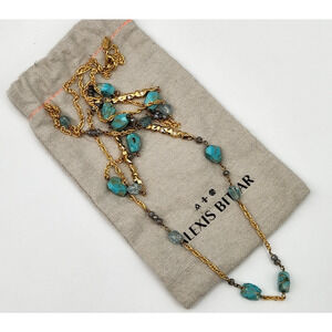 ALEXIS BITTAR GOLD PLATED LONG CHAIN NECKLACE FAUX TURQUOISE & CRYSTALS 62"
